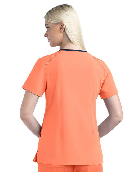 Women's Three-Pocket Contrast Stitching V-Neck Top - 4510 - Fresh Salmon