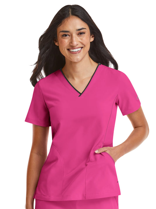 Women's Three-Pocket Contrast Stitching V-Neck Top - 4510 - Hot Pink