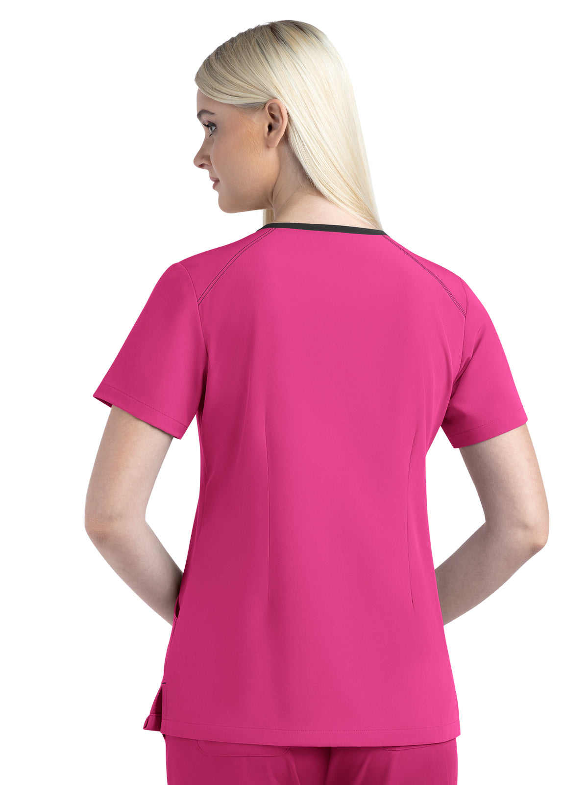 Women's Three-Pocket Contrast Stitching V-Neck Top - 4510 - Hot Pink