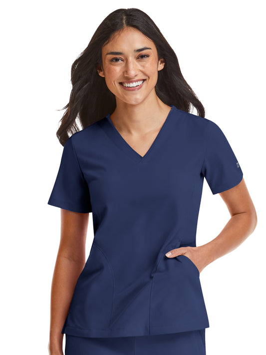 Women's Three-Pocket Contrast Stitching V-Neck Top - 4510 - Navy