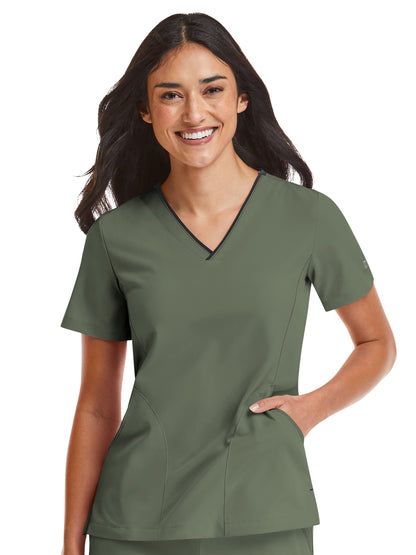 Women's Three-Pocket Contrast Stitching V-Neck Top - 4510 - Olive