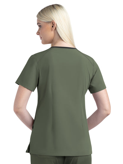 Women's Three-Pocket Contrast Stitching V-Neck Top - 4510 - Olive