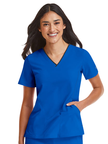 Women's Three-Pocket Contrast Stitching V-Neck Top - 4510 - Royal Blue