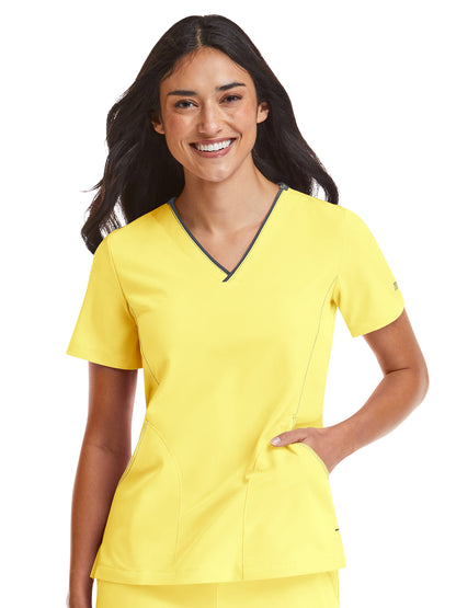 Women's Three-Pocket Contrast Stitching V-Neck Top - 4510 - Sunshine Yellow