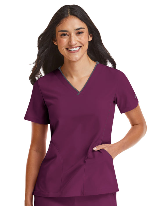 Women's Three-Pocket Contrast Stitching V-Neck Top - 4510 - Wine