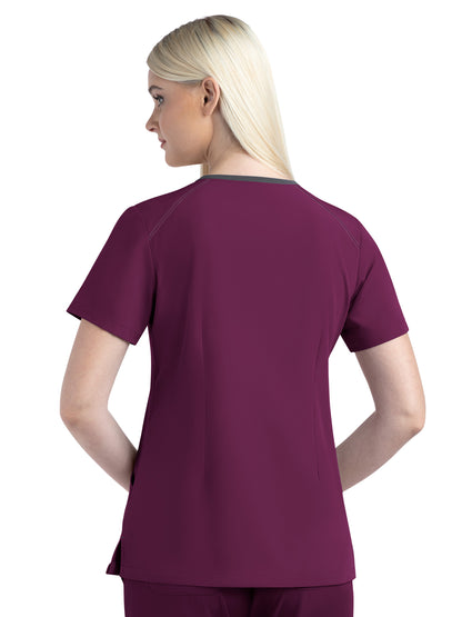 Women's Three-Pocket Contrast Stitching V-Neck Top - 4510 - Wine