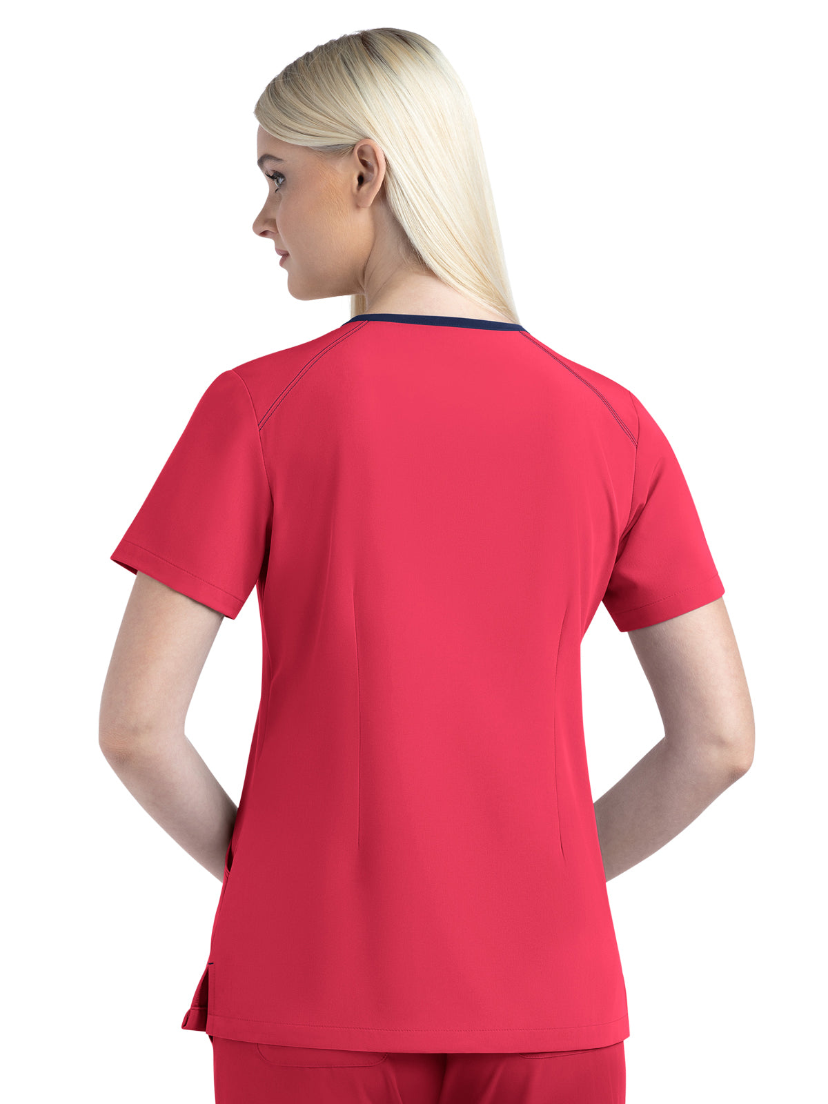 Women's Three-Pocket Contrast Stitching V-Neck Top - 4510 - Watermelon