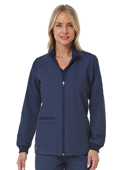 Women's Three-Pocket Hi-Collar Zip Front Scrub Jacket - 7091 - Heather Navy