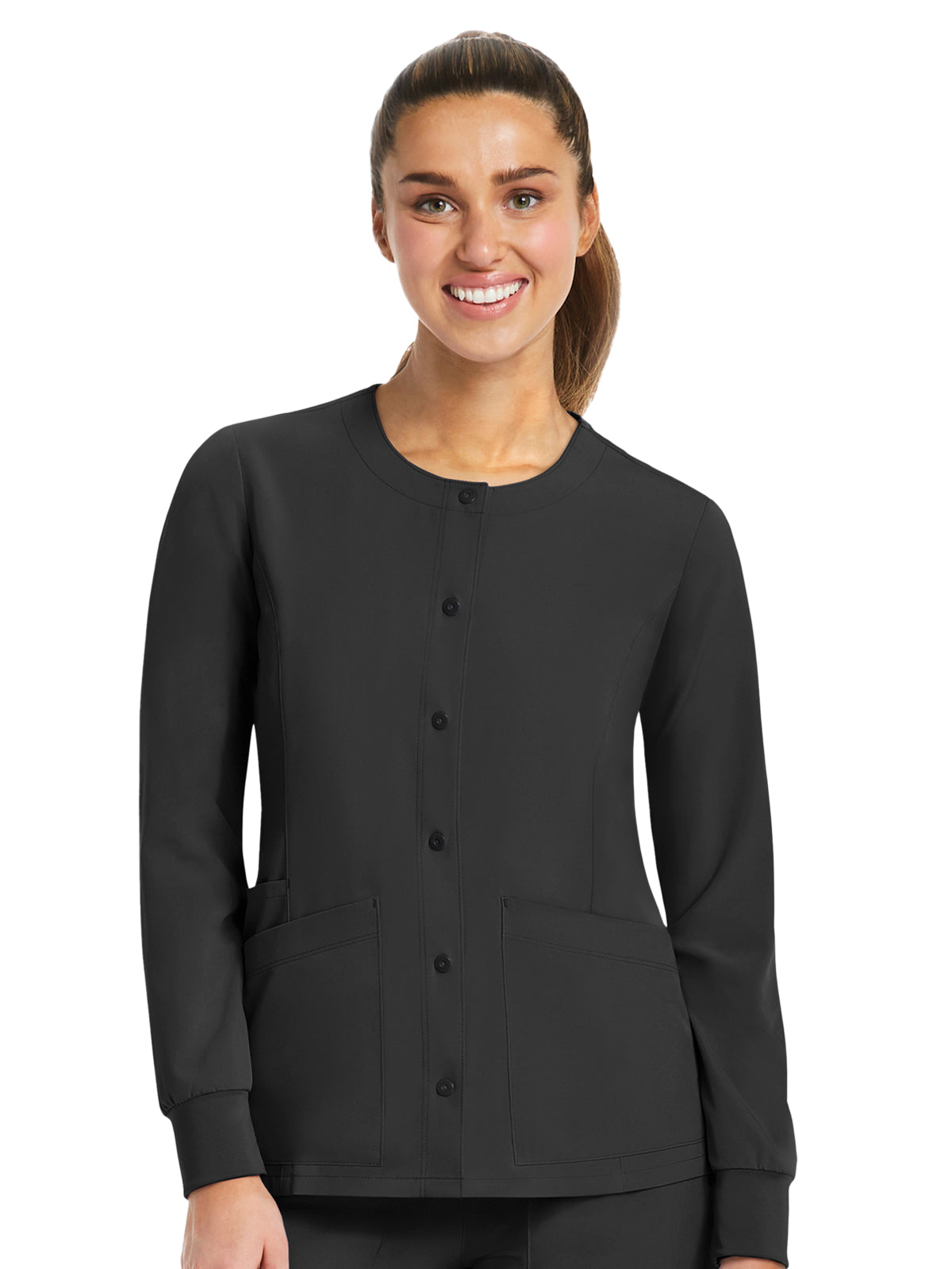 Women's Three-Pocket Round Neck Scrub Jacket - 7510 - Black