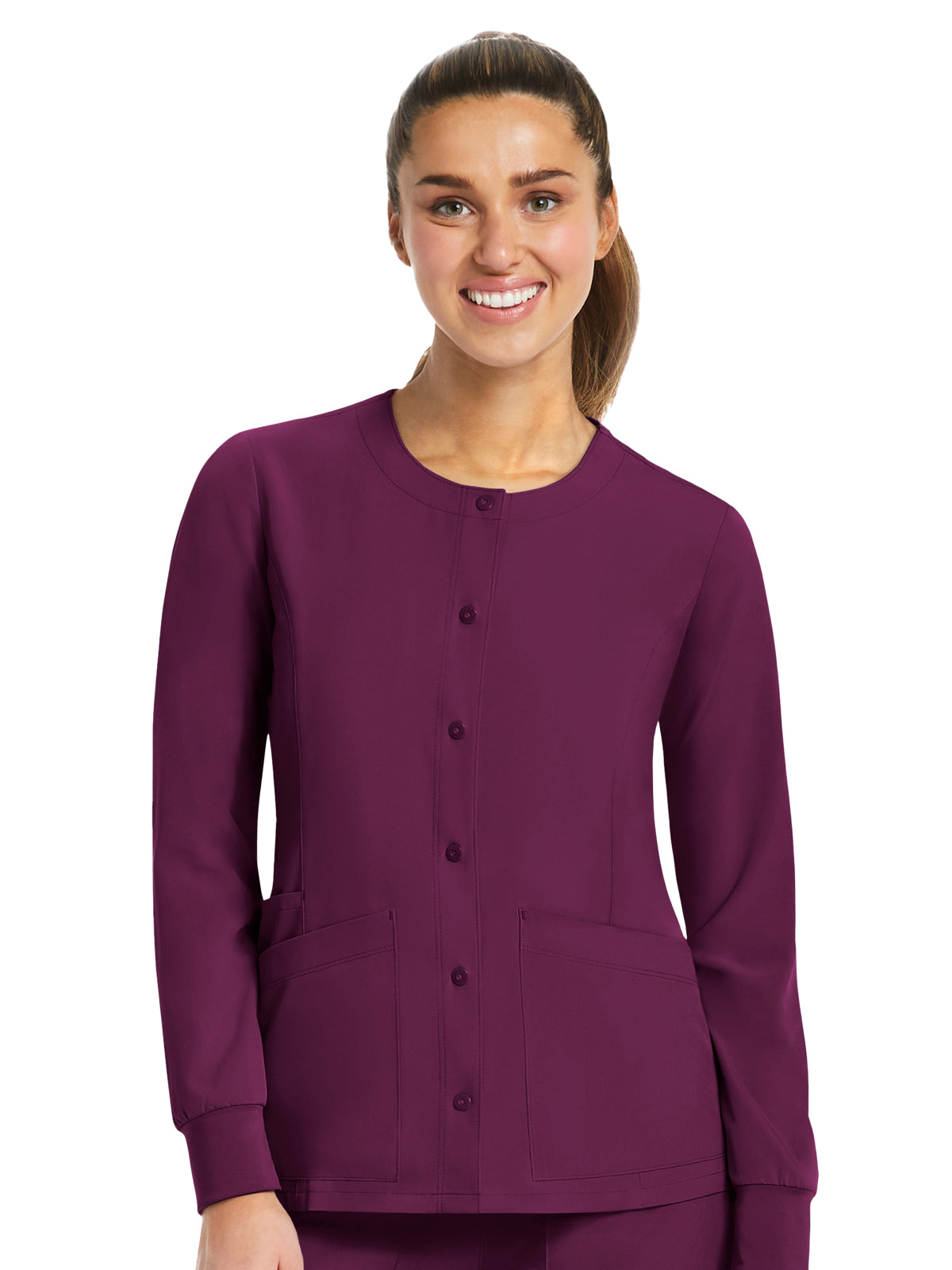 Women's Three-Pocket Round Neck Scrub Jacket - 7510 - Wine