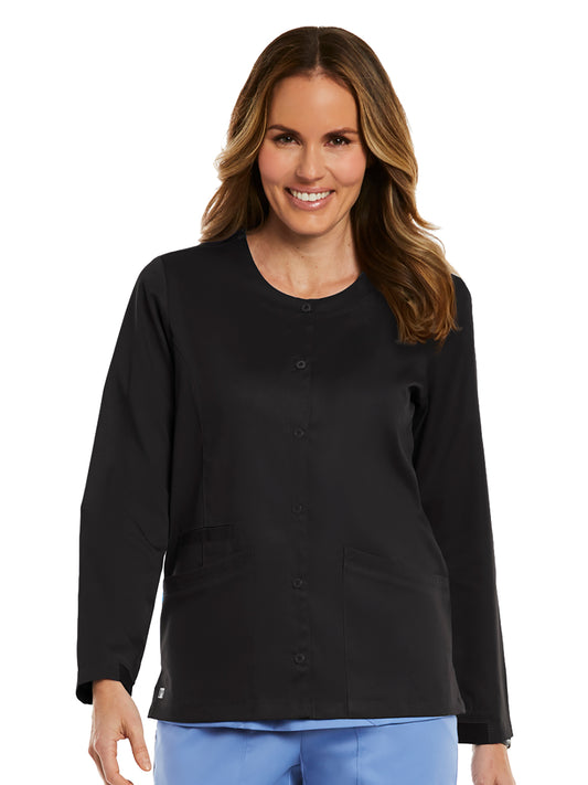 Women's Three-Pocket Round Neck Scrub Jacket - 7701 - Black