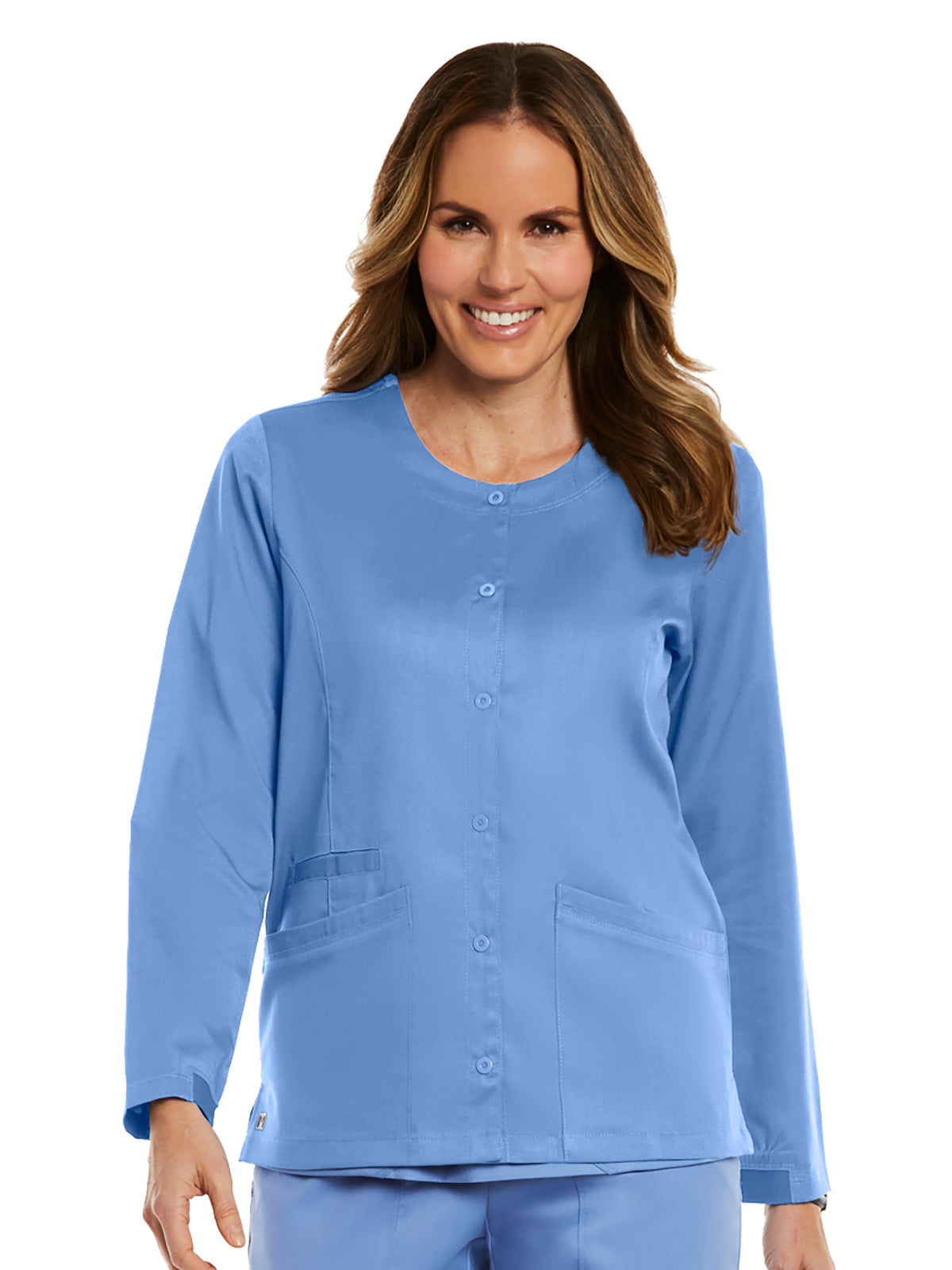 Women's Three-Pocket Round Neck Scrub Jacket - 7701 - Ceil Blue