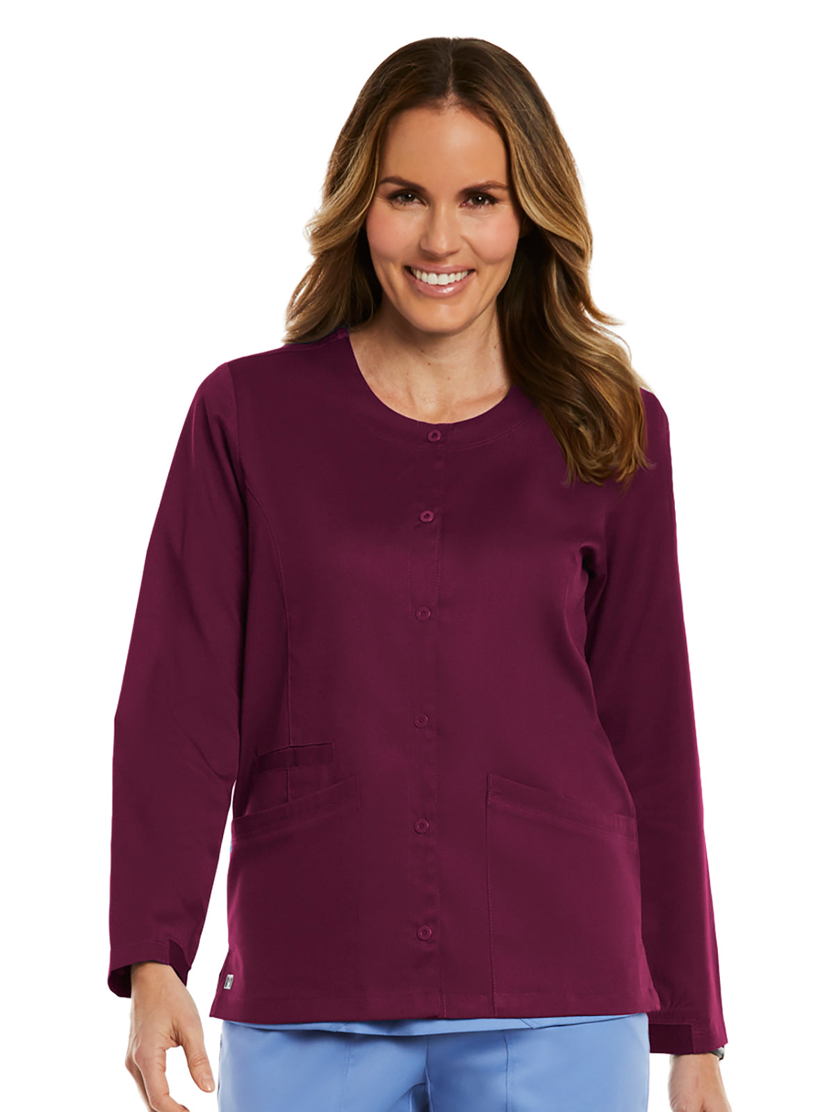 Women's Three-Pocket Round Neck Scrub Jacket - 7701 - Wine