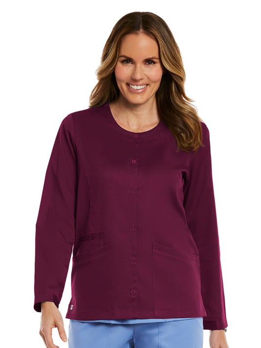 Women's Three-Pocket Round Neck Scrub Jacket - 7701 - Wine