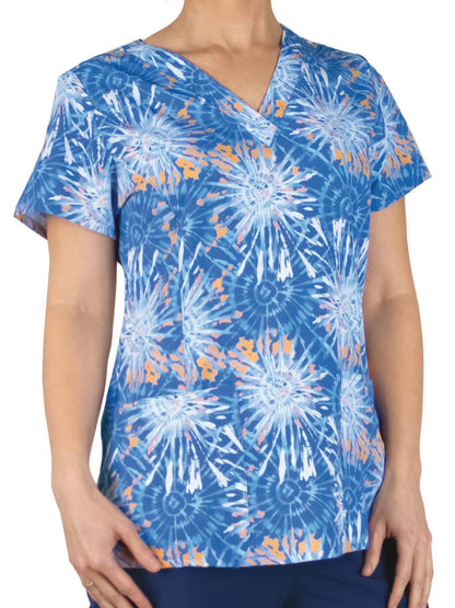 Women's Two-Pocket V-Neck Print Top - SJP1 - Popping Orange