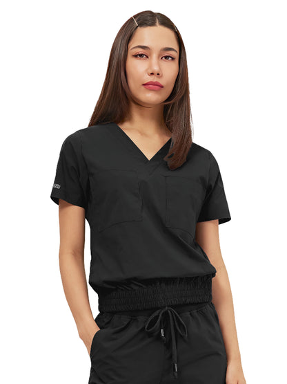 Women's Two-Pocket LUNA Tuck Band V-Neck Top - 1018 - Black