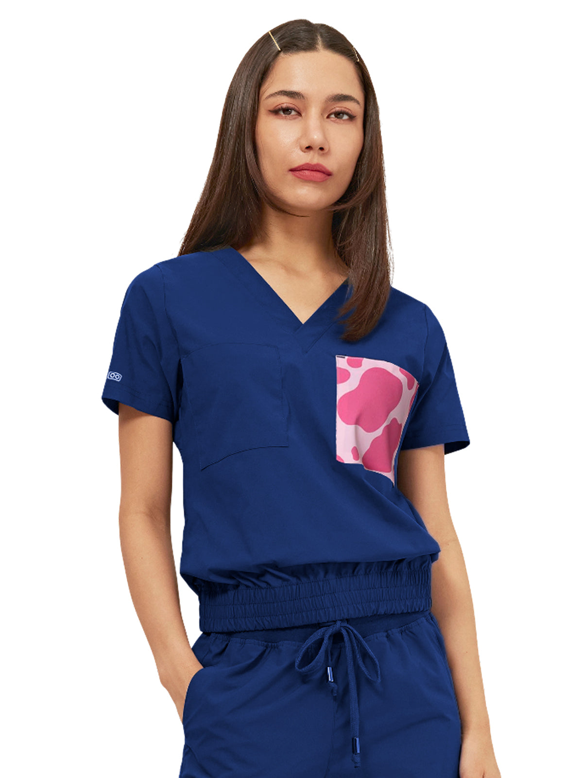 Women's Two-Pocket LUNA Tuck Band V-Neck Top - 1018 - Navy / Pink Cow