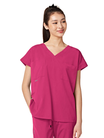 Women's Oversized Two-Pocket Dolman REMY V-Neck Top - 1031 - Hot Pink