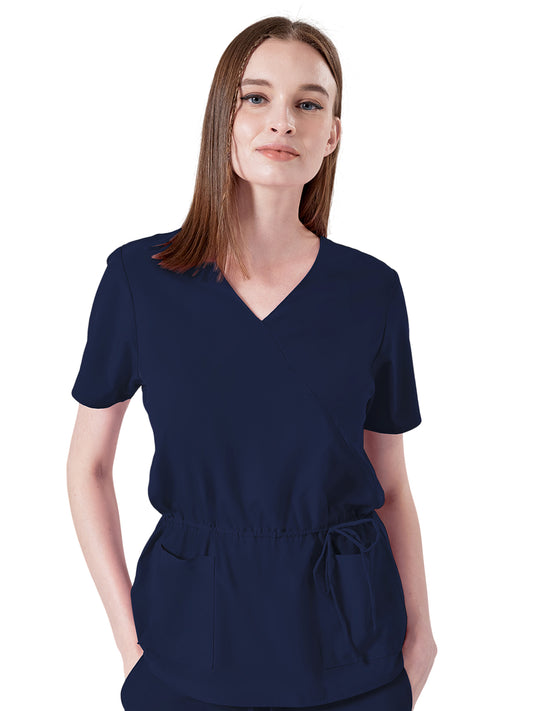 Women's Two-Pocket Mock Wrap Cinch Waist Iris Top - 1078 - Navy