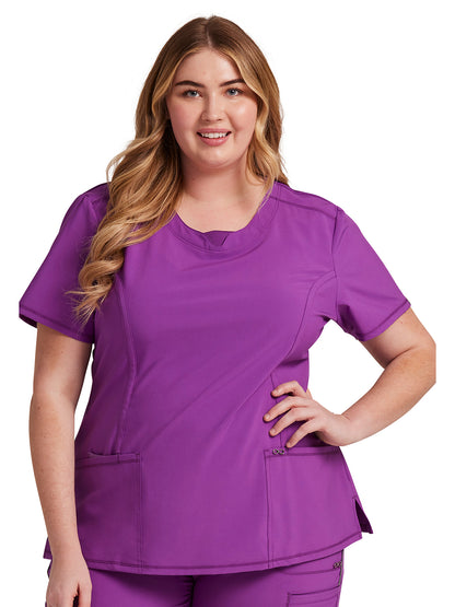 Women's Stretch Rib-knit Back Panel Round Neck Top - 2624A - Bright Violet