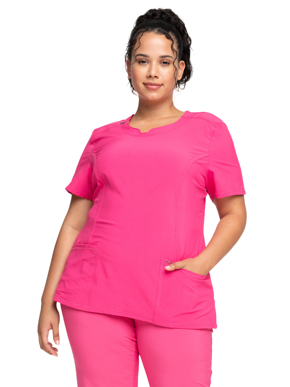 Women's Stretch Rib-knit Back Panel Round Neck Top - 2624A - Carmine Pink