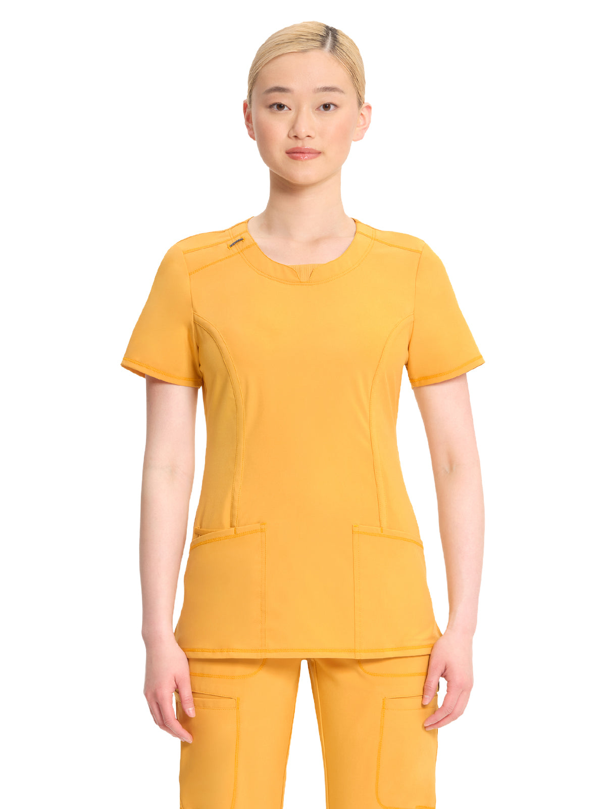 Women's Stretch Rib-knit Back Panel Round Neck Top - 2624A - Gold Rush