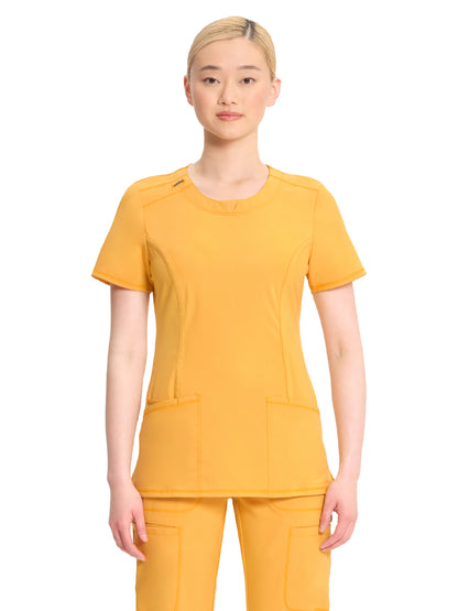 Women's Stretch Rib-knit Back Panel Round Neck Top - 2624A - Gold Rush