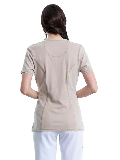 Women's Stretch Rib-knit Back Panel Round Neck Top - 2624A - Khaki