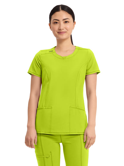 Women's Stretch Rib-knit Back Panel Round Neck Top - 2624A - Lime Time