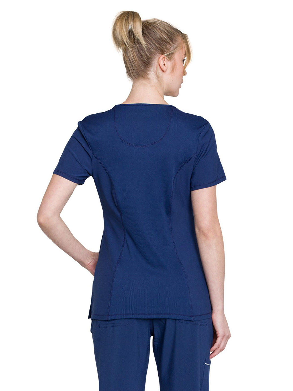 Women's Stretch Rib-knit Back Panel Round Neck Top - 2624A - Navy