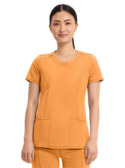Women's Stretch Rib-knit Back Panel Round Neck Top - 2624A - Orange Sunrise