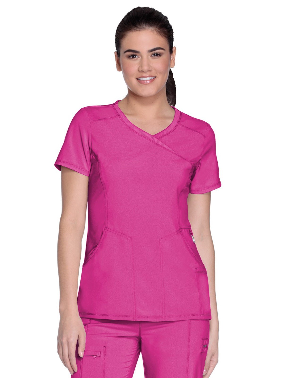 Women's 4-Pocket Mock Wrap Scrub Top - 2625A - Carmine Pink