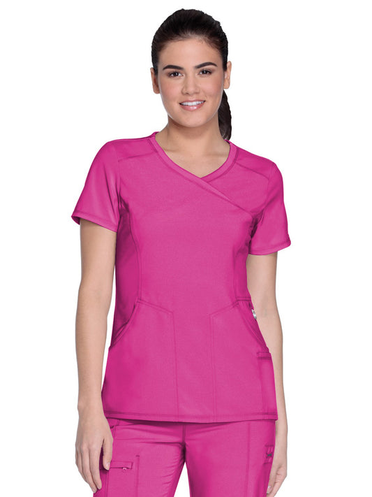 Women's 4-Pocket Mock Wrap Scrub Top - 2625A - Carmine Pink