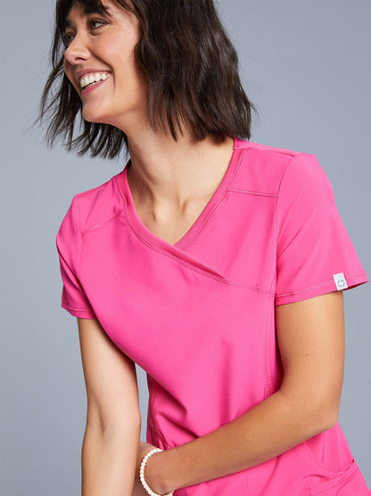 Women's 4-Pocket Mock Wrap Scrub Top - 2625A - Carmine Pink