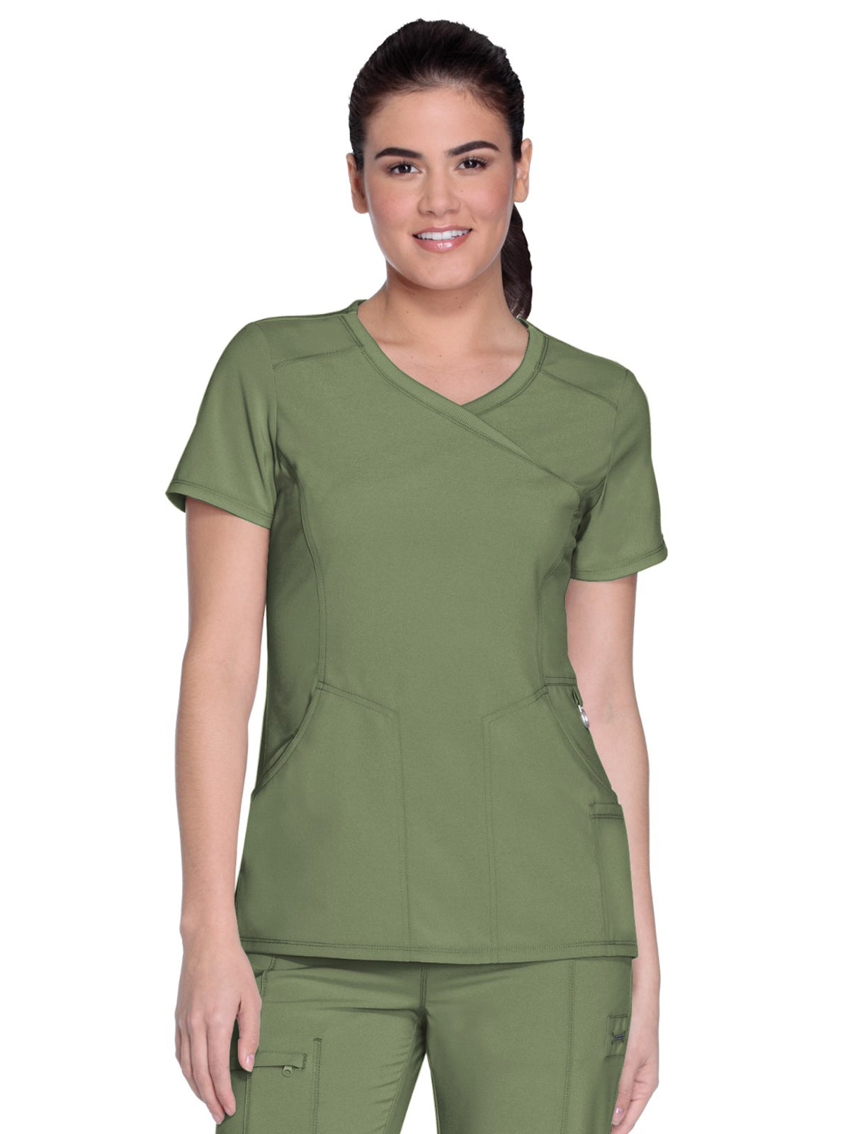 Women's 4-Pocket Mock Wrap Scrub Top - 2625A - Olive