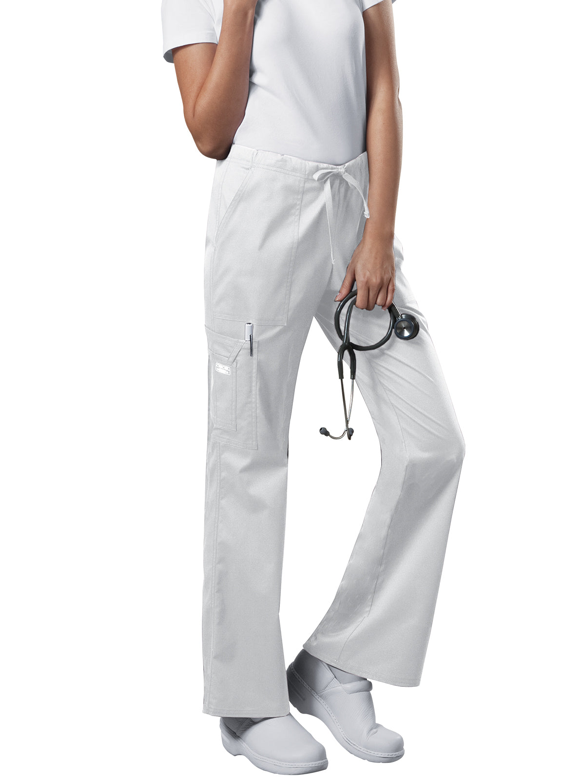 Women's Mid Rise Drawstring Cargo Scrub Pant - 4044 - White