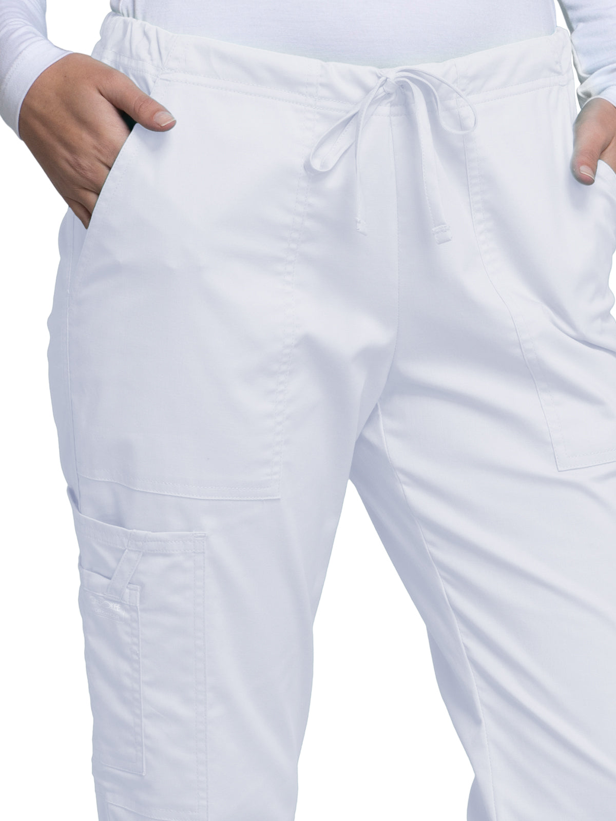 Women's Mid Rise Drawstring Cargo Scrub Pant - 4044 - White