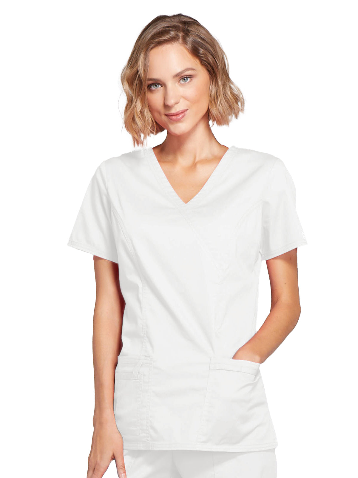 Women's 3-Pocket Mock Wrap Scrub Top - 4728 - White