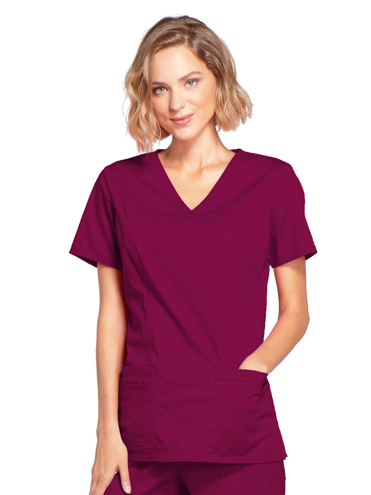 Women's 3-Pocket Mock Wrap Scrub Top - 4728 - Wine