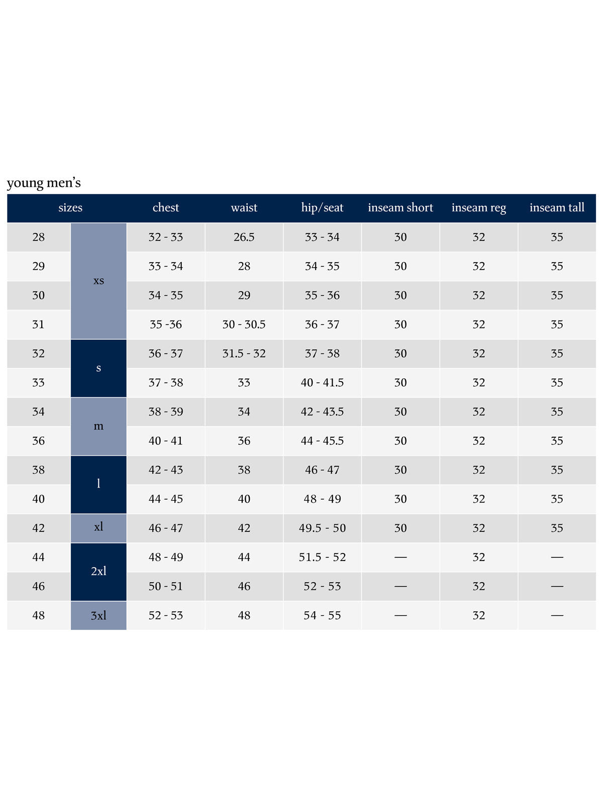 SIZECHART
