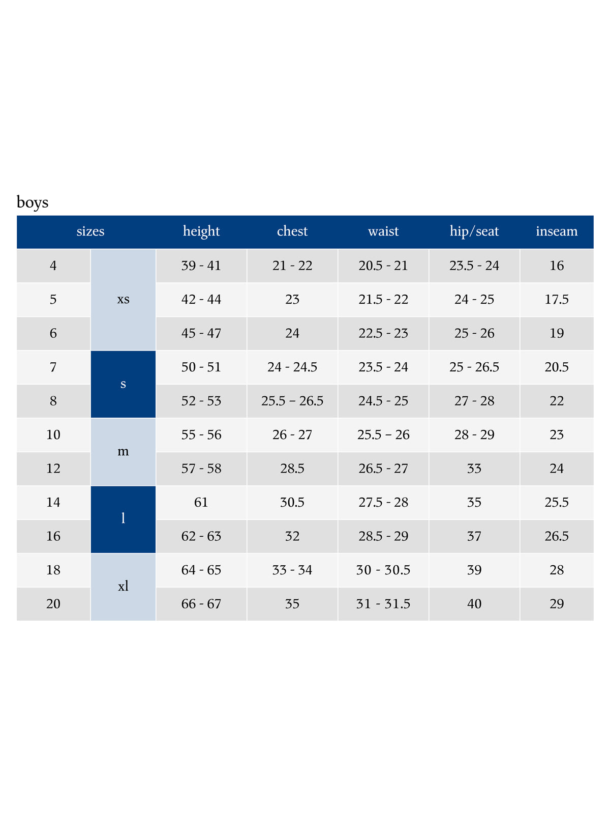SIZECHART