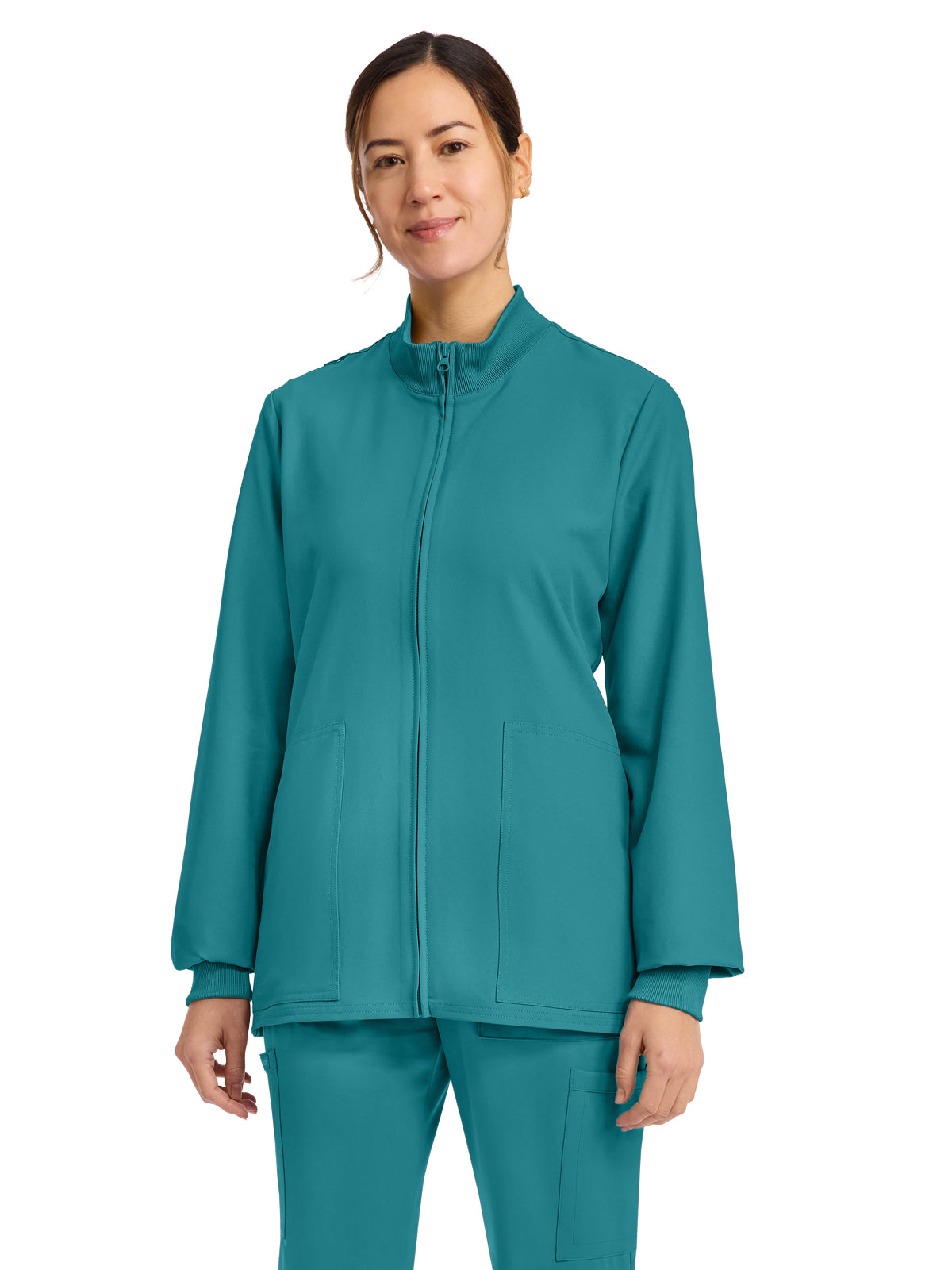 Women's 2-Pocket Zip Up Scrub Jacket - CK00013A - Teal Blue