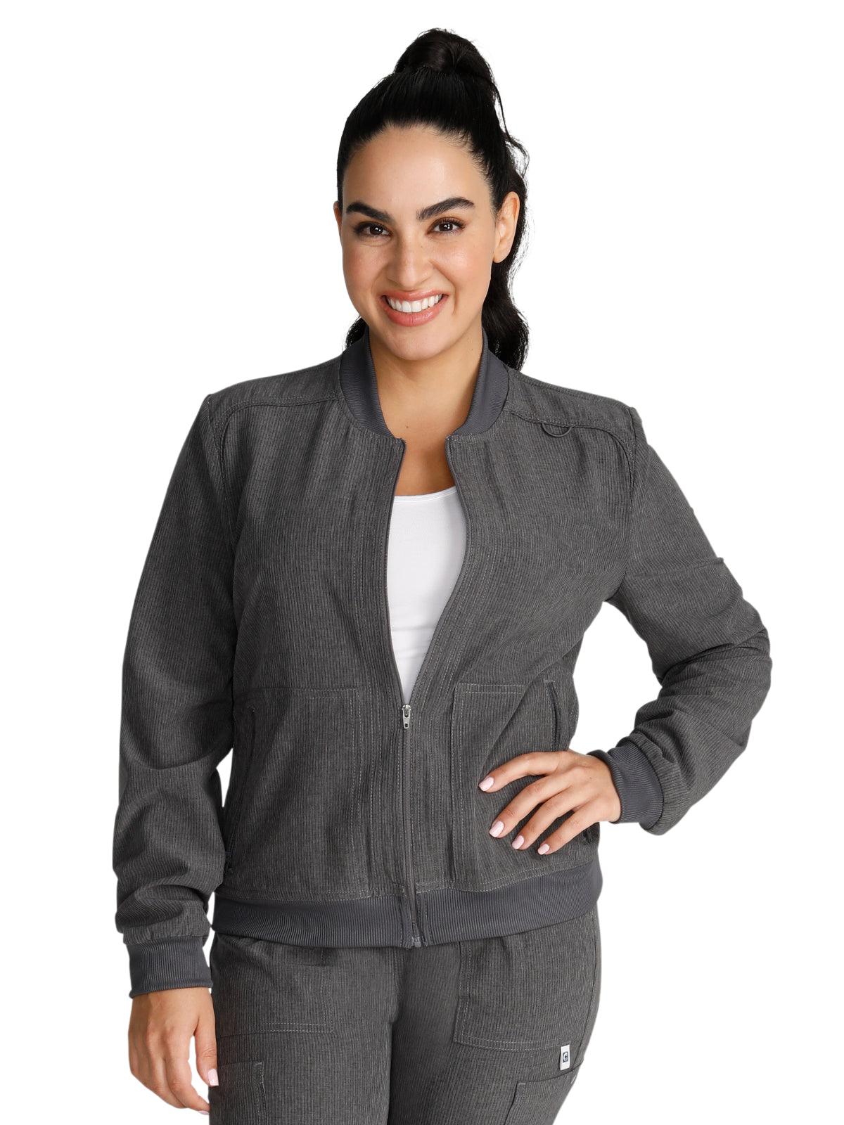 Women's Zip Front Bomber Jacket - CK349A - Heather Pewter