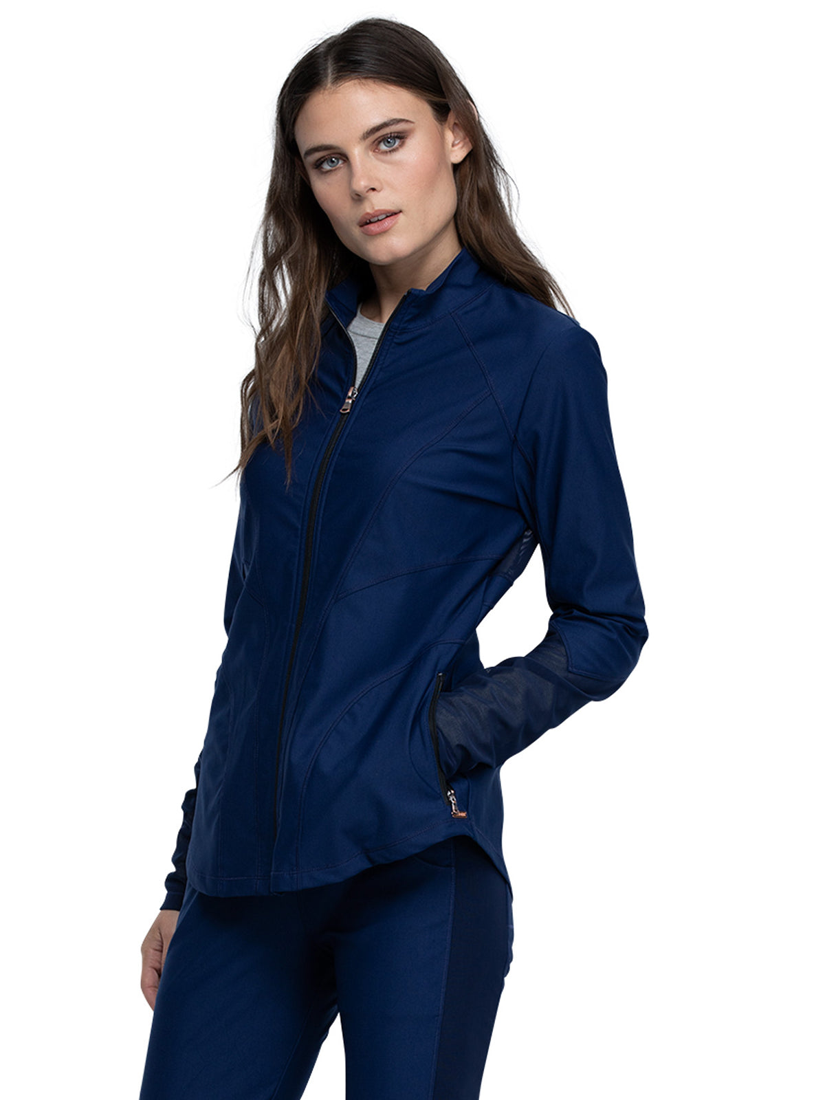 Women's Mock Neck Zip Front Scrub Jacket - CK390 - Navy