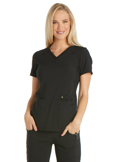 Women's 2 Pocket V-Neck Knit Side Panel Top - CK605 - Black