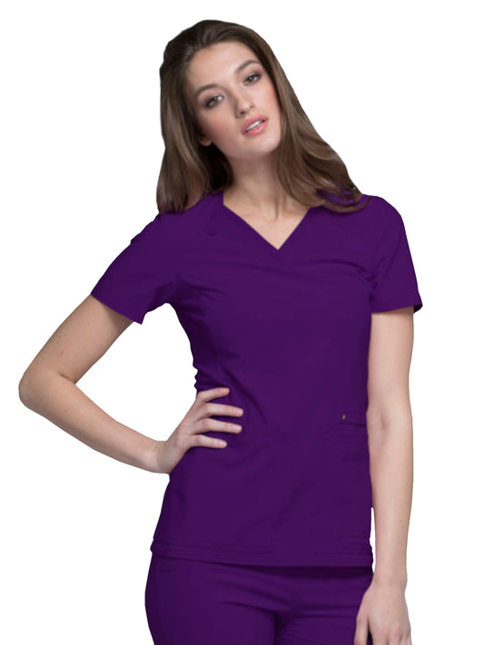 Women's 2 Pocket V-Neck Knit Side Panel Top - CK605 - Eggplant