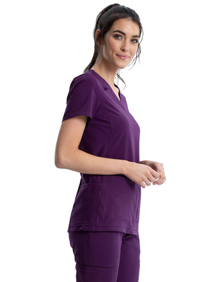 Women's 2 Pocket V-Neck Knit Side Panel Top - CK605 - Eggplant