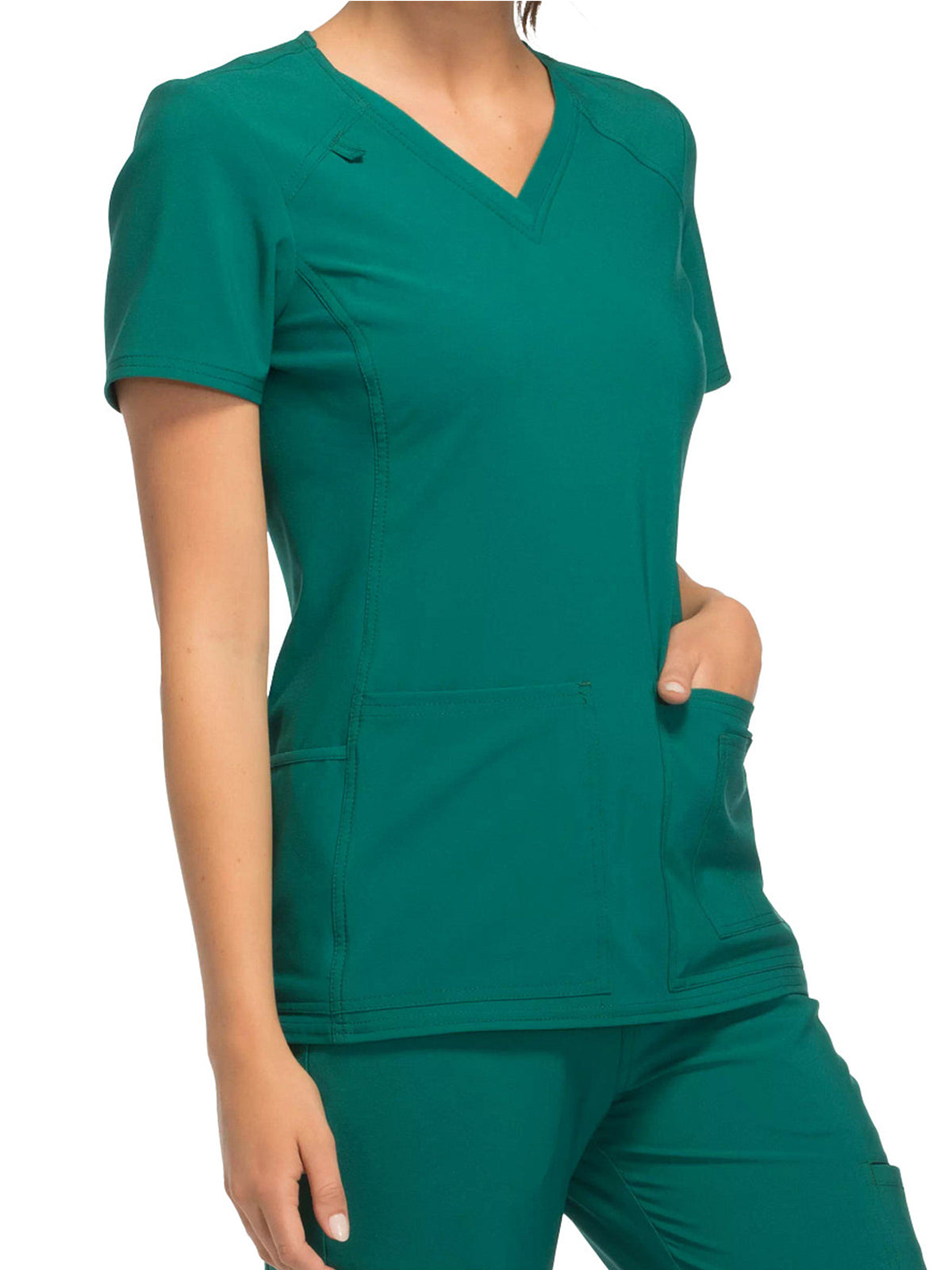 Women's 2 Pocket V-Neck Knit Side Panel Top - CK605 - Hunter Green