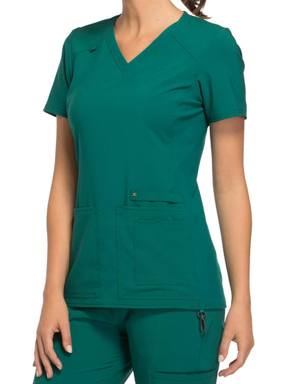 Women's 2 Pocket V-Neck Knit Side Panel Top - CK605 - Hunter Green