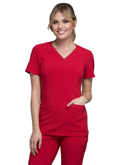 Women's 2 Pocket V-Neck Knit Side Panel Top - CK605 - Red